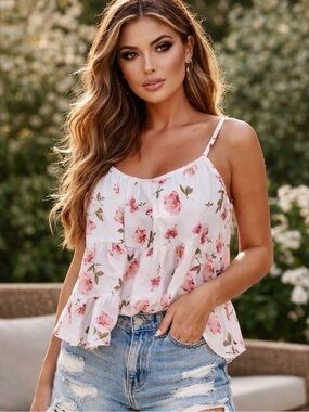 Floral Pink Ruffle Tiered Spaghetti Strap Top